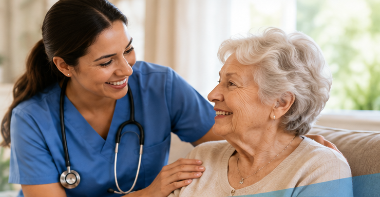 Home health professional providing compassionate care to an older patient