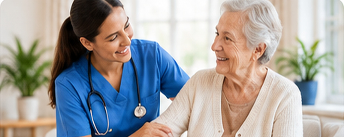 Home health aide supporting an older woman