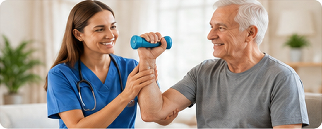 Physical therapist assisting an older patient